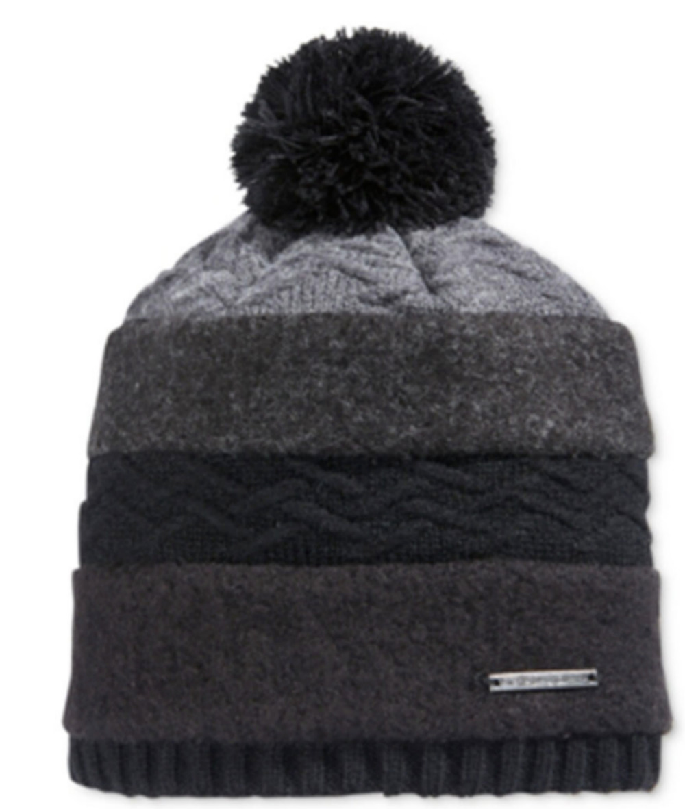 Sean John Mixed Media Wool Pom Stripe Beanie Macy's Exclusive Hat - Black - $32